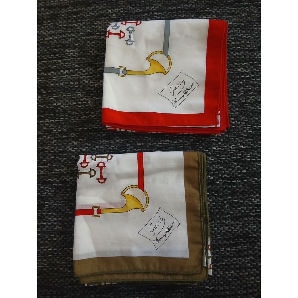 Lot Of 2 Vtg Gucci  Cotton Horsebit Hankerchiefs Pocket Squares 16x16 Italy